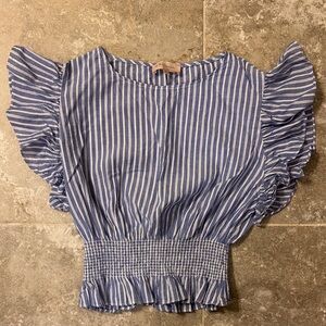 Philosophy Blue and White Striped Ruffle Blouse